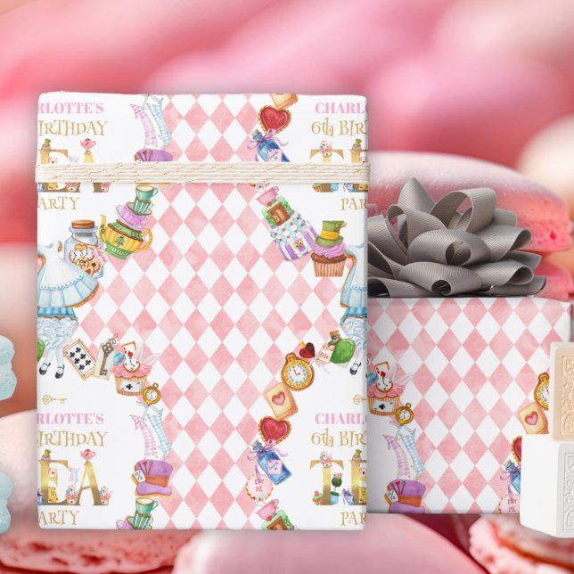 Pink Alice in Wonderland 6th Birthday   Presentpapper (Skapare uppladdad)