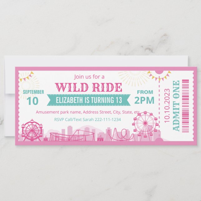 Pink Amusement Park Birthday Invitation Ticket  Inbjudningar (Framsida)