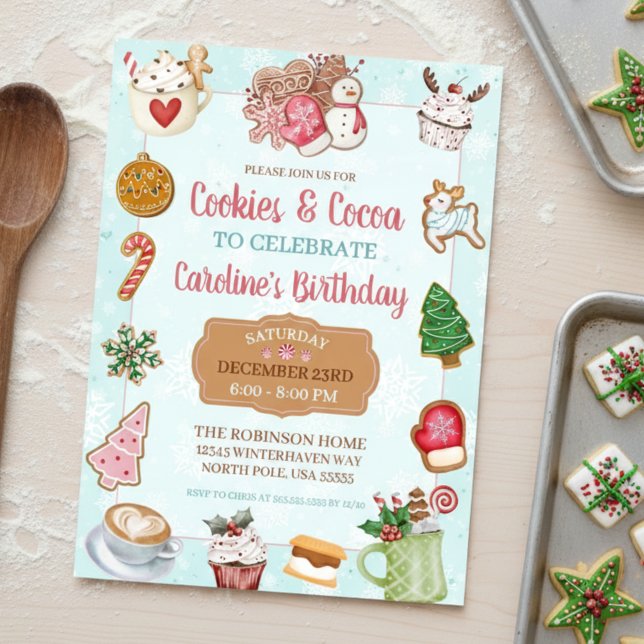 Pink and Aqua Christmas Cookies and Cocoa Birthday Inbjudningar (cute cookies and hot cocoa christmas birthday party exchange invitations)