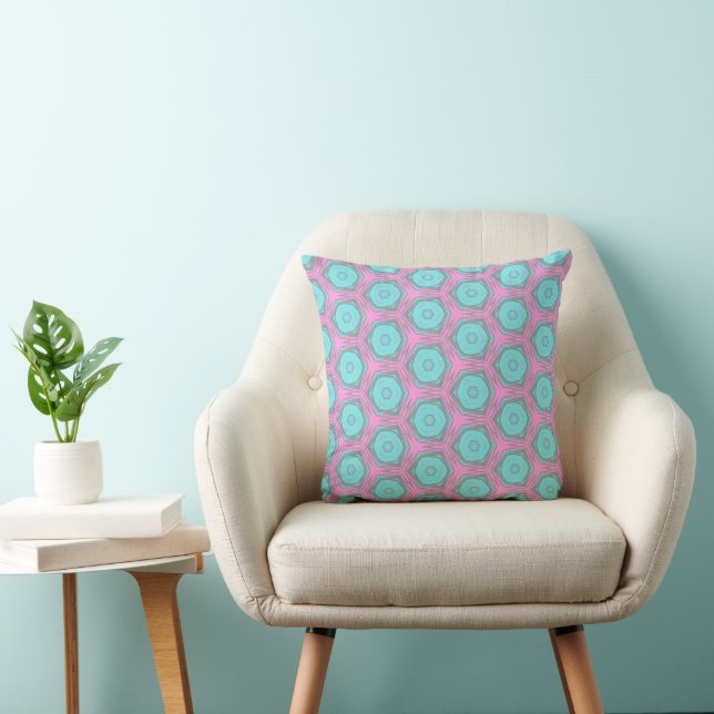 Pink and Aqua Hexagon Spin Geometric Pattern Kudde (Stol)