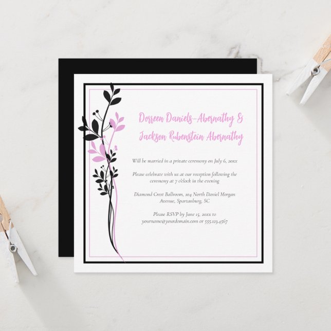 Pink and Black Floral Reception Only | Inbjudningar (Fram/Back In Situ)