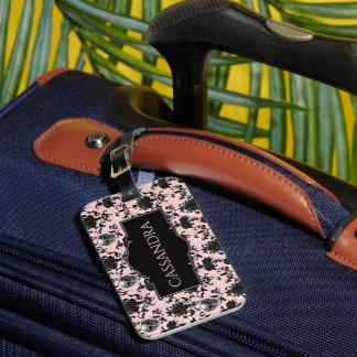 Pink and Black Goth Skulls and Roses Personalized Bagagebricka