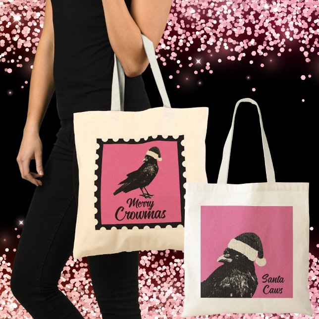 Pink and Black Gothic Crow Merry Crowmas Holiday Tygkasse (Cute pink & black Christmas tote with crow wearing a Santa hat. Merry Crowmas to all from Santa Caws)