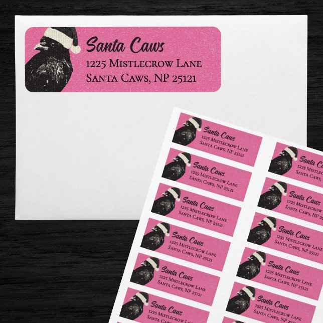 Pink and Black Santa Caws Crow Christmas Returadress Etikett (Fun pink and black Christmas return labels feature a Santa crow, or "Santa Caws," if you prefer! :D)