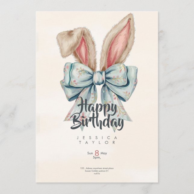 Pink and blue Bunny bow Birthday invitation Inbjudningar (Framsida)
