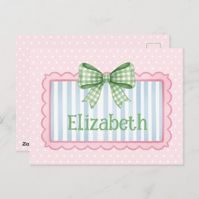 Pink and Blue Frame With Green Gingham Bow Vykort (Fram/baksida)