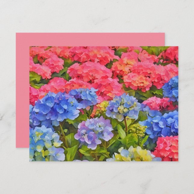 Pink and Blue Hydrangea Flowers Note Card Set Anteckningskort (Fram/baksida)