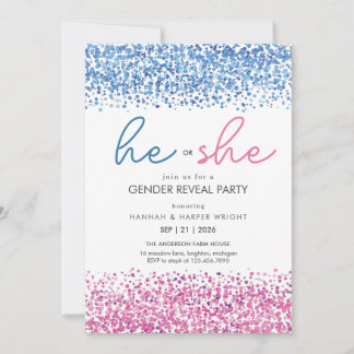 Pink and Blue white Gliter He or She Gender Reveal Inbjudningar