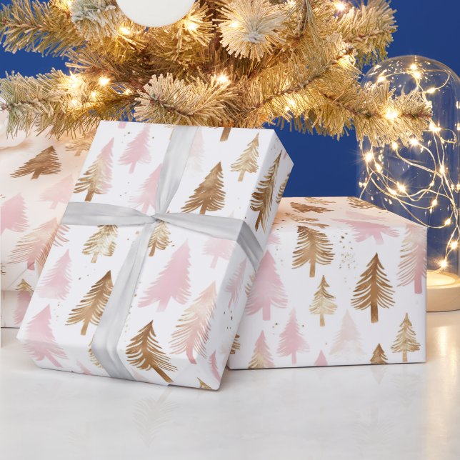 Pink and Gold Christmas Trees Presentpapper (Helgdagar)