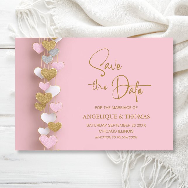 Pink and Gold Hearts Wedding Save the Date Spara Datumet (Skapare uppladdad)