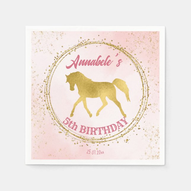 Pink and gold horse equestrian birthday custom pappersservett (Framsidan)