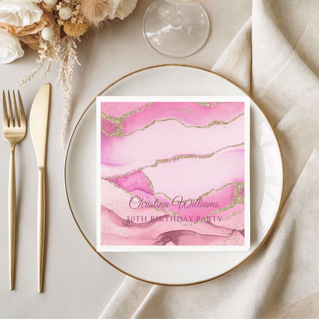 Pink and Gold Marble Birthday Party Pappersservett (Elegant Pink and Gold Birthday Party Napkins)