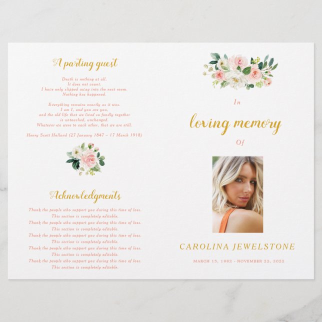 Pink And Gold Woman Celebration Of Life Program (Framsida)