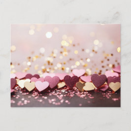 pink and golden hearts on golden glitter vykort