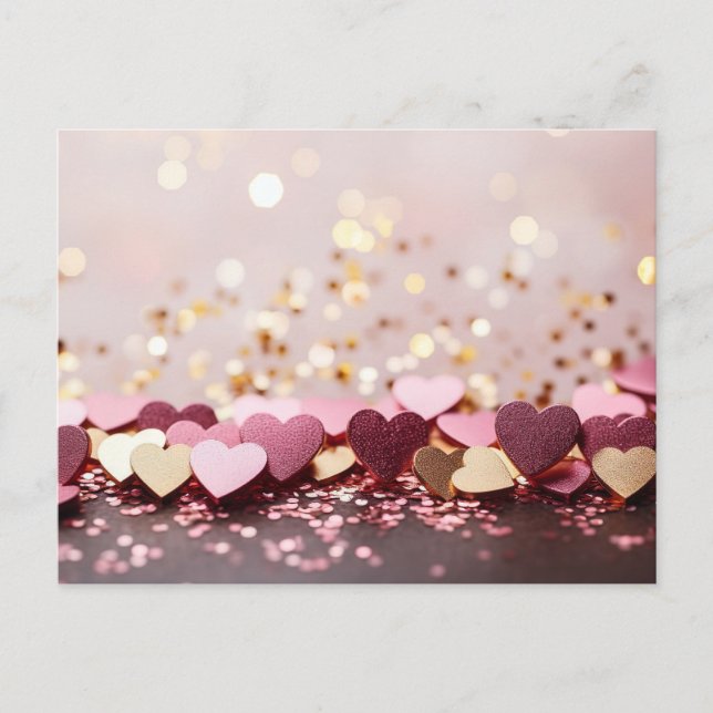 pink and golden hearts on golden glitter  vykort (Framsida)