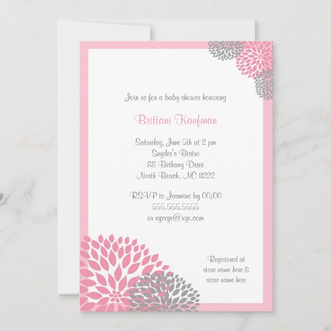 Pink and Gray Dahlia Baby Shower Invitation Inbjudningar (Framsida)