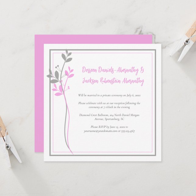 Pink and Gray Modern Botanical Reception Only | Inbjudningar (Fram/Back In Situ)