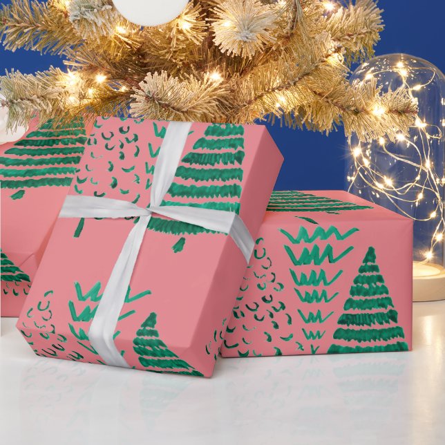 Pink and Green Christmas Trees  Presentpapper (Helgdagar)