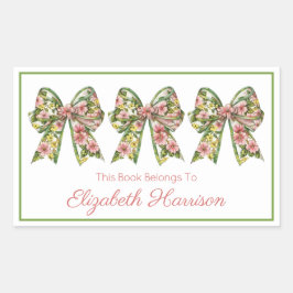 Pink and Green Floral Personalized Bookplate Rektangulärt Klistermärke