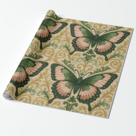Pink and Green Gift Wrap Butterfly Print Presentpapper