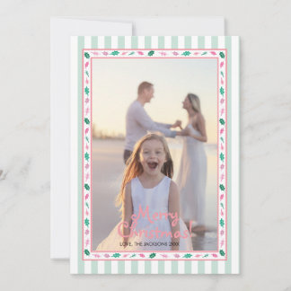 Pink and Green Holly Leaves Border Family Photo Julkort