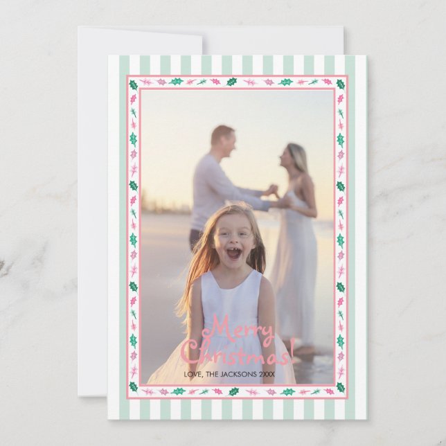 Pink and Green Holly Leaves Border Family Photo Julkort (Framsida)