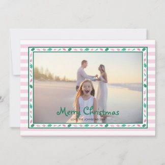 Pink and Green Holly Leaves Border Family Photo Julkort