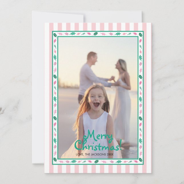 Pink and Green Holly Leaves Border Family Photo Julkort (Framsida)