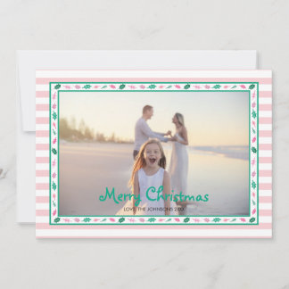 Pink and Green Holly Leaves Border Family Photo Julkort