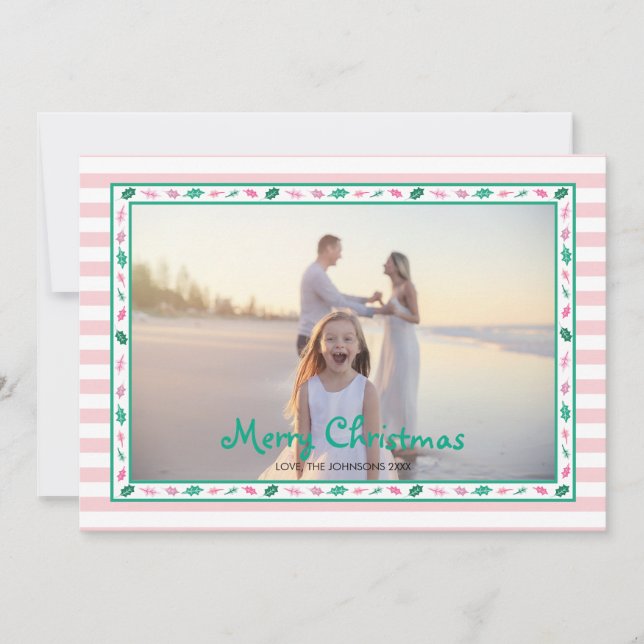 Pink and Green Holly Leaves Border Family Photo Julkort (Framsida)