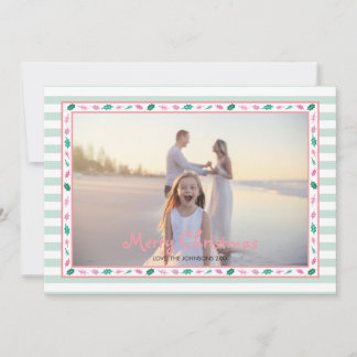 Pink and Green Holly Leaves Border Family Photo Julkort