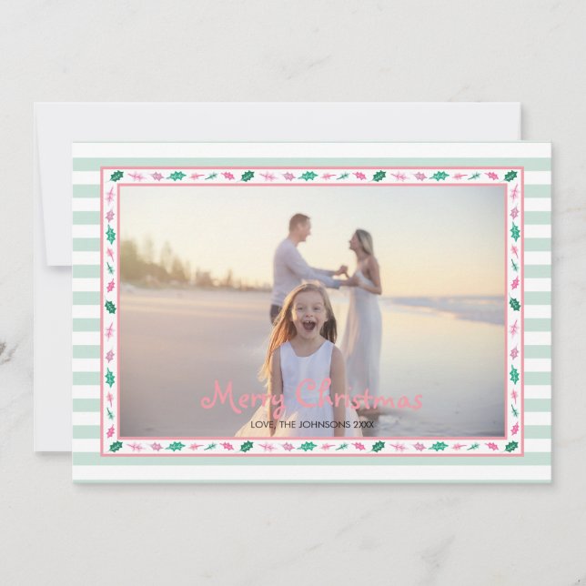 Pink and Green Holly Leaves Border Family Photo Julkort (Framsida)