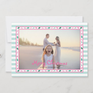 Pink and Green Holly Leaves Border Family Photo Julkort