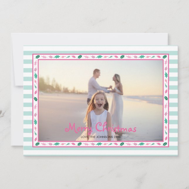 Pink and Green Holly Leaves Border Family Photo Julkort (Framsida)