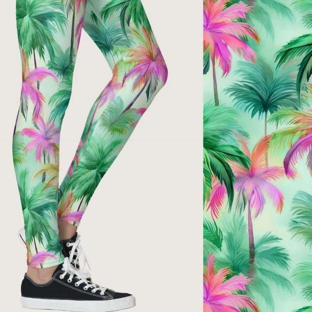 Pink and Green Palm Trees Tropical Patterned Leggings (Skapare uppladdad)