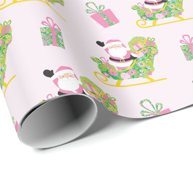 Pink and Green Preppy Palm Beach Santa Claus Presentpapper (Rullad Hörn)