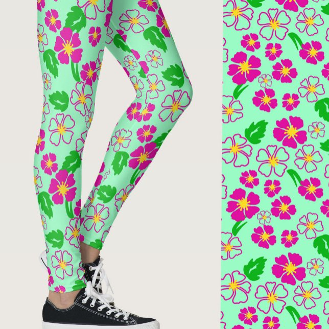Pink and Green Tropical Flowers Patterned Leggings (Skapare uppladdad)