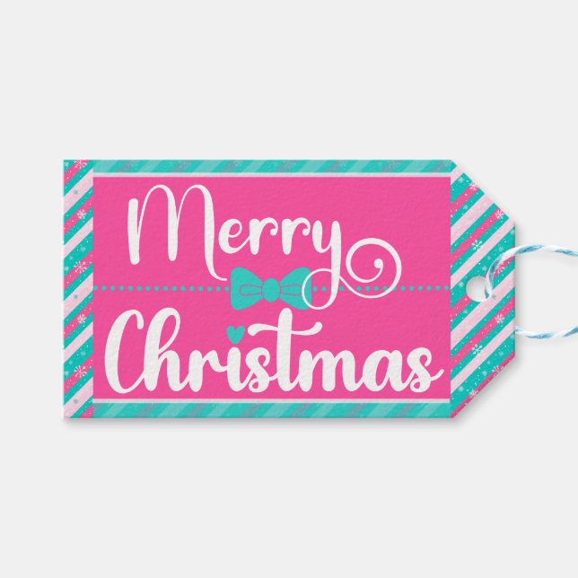 Pink and Mint Bright Christmas Diagonal Stripe Presentetikett (Framsidan (Horisontell))