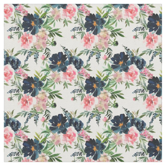Pink and Navy Blue Floral Fabric Tyg (Närbild)