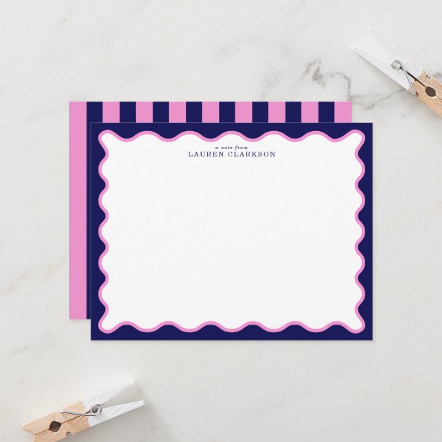 Pink and Navy Wavy Frame Note Card with Striped Ba Inbjudningar (Fram/Back In Situ)