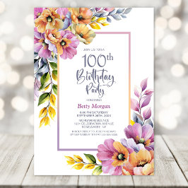 Pink and Orange Floral 100th Birthday Party Inbjudningar