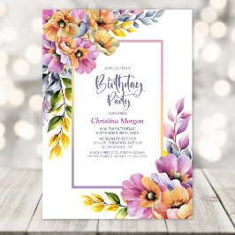 Pink and Orange Floral Any Age Birthday Party Inbjudningar