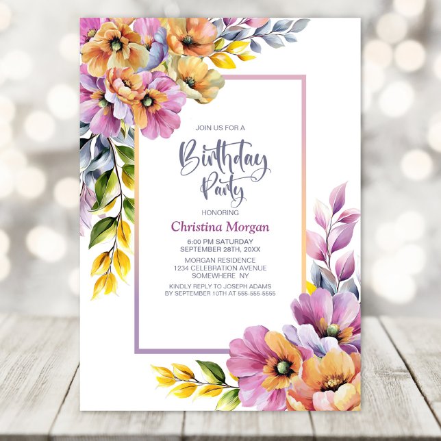 Pink and Orange Floral Any Age Birthday Party Inbjudningar (Skapare uppladdad)