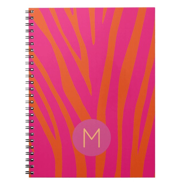 Pink and Orange Zebra Stripes Modern Monogram Anteckningsbok (Framsidan)