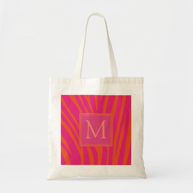 Pink and Orange Zebra Stripes Monogram Tygkasse (Framsidan)