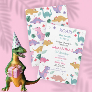 Pink and Pastel Girls Dinosaur Birthday Invitation Inbjudningar