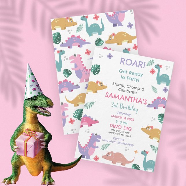 Pink and Pastel Girls Dinosaur Birthday Invitation Inbjudningar (Skapare uppladdad)