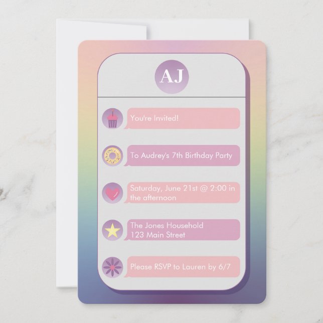 Pink and Purple Cell Phone Kid's Birthday Party Inbjudningar (Framsida)
