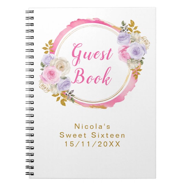 Pink and Purple Elegant Flowers Sweet Sixteen Anteckningsbok (Framsidan)
