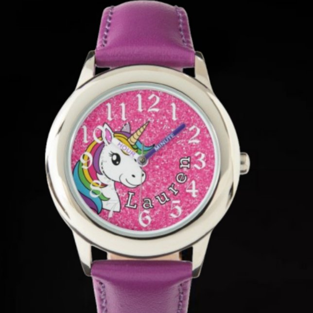  Pink and Purple Glitter unicorn add name Armbandsur (Skapare uppladdad)